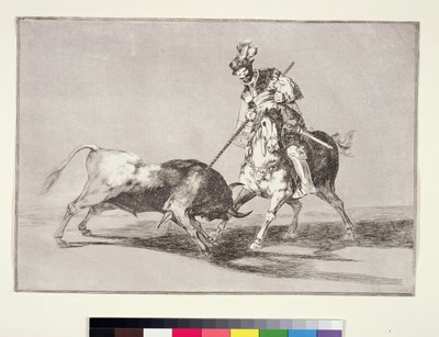 El Cid (c.1040-99) die een andere stier spietst, plaat 11 uit La Tauromaquia, 1816 door Francisco de Goya